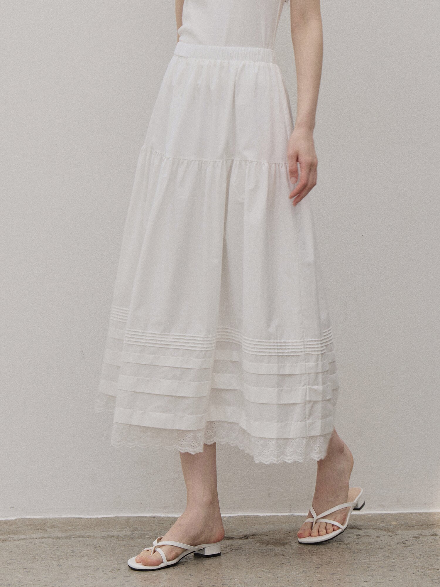 COTTON TEARD LONG PLEATED SKIRT IVORY
