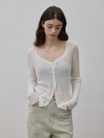 BUTTON DECORATION SEE-THROUGH CARDIGAN IVORY