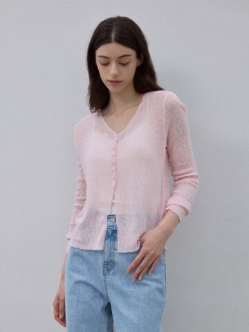 BUTTON DECORATION SEE-THROUGH CARDIGAN PINK