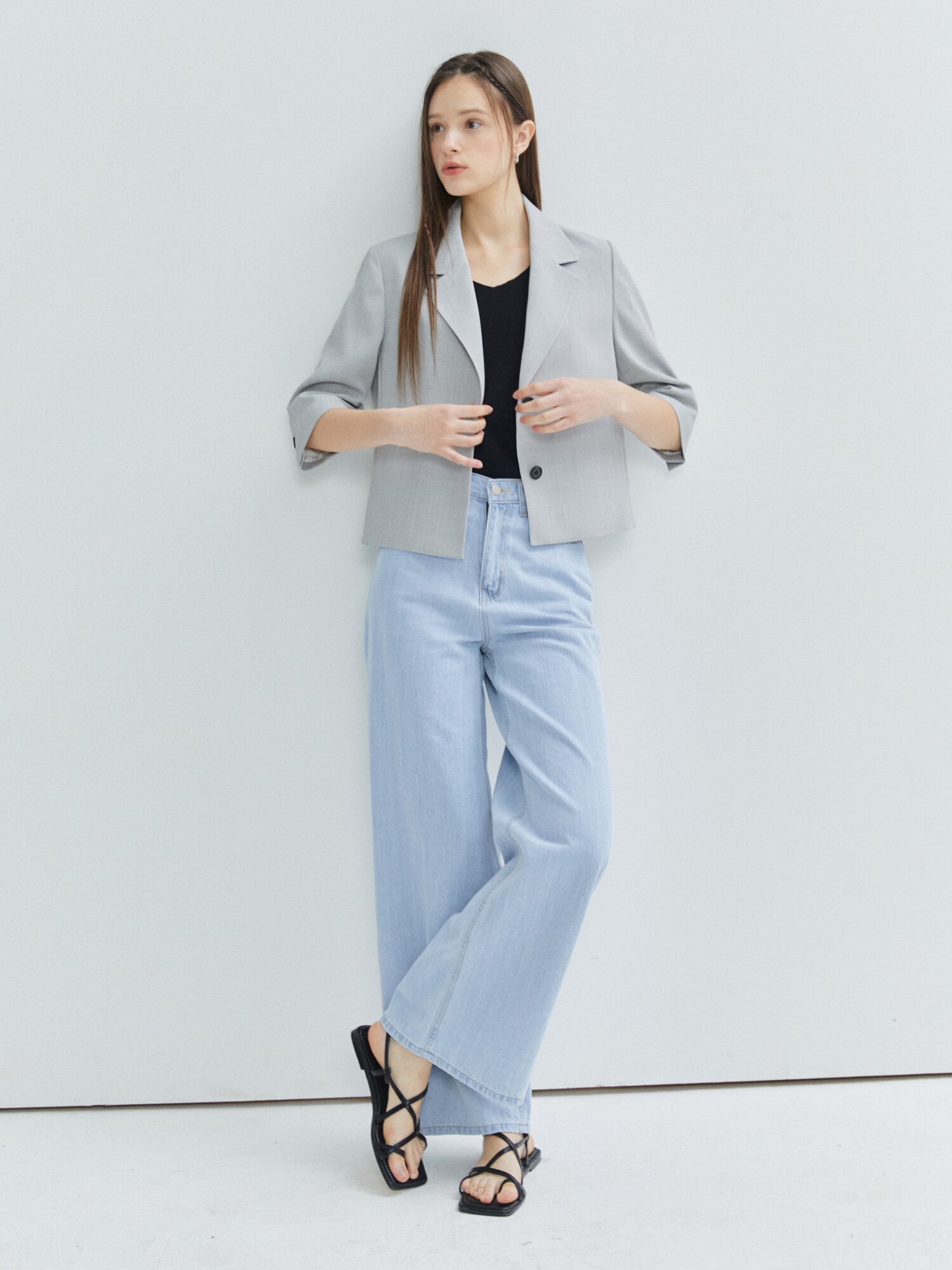 하이 웨이스트 와이드 데님 팬츠 (BLUE)