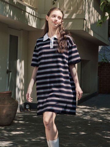 스트라이프 카라 원피스 / 네이비
