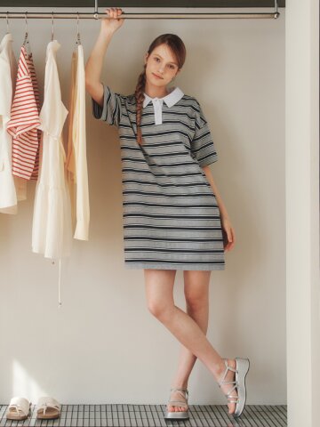 [STRIPE GRAY-7/15예약배송][2컬러] 스트라이프 카라 원피스
