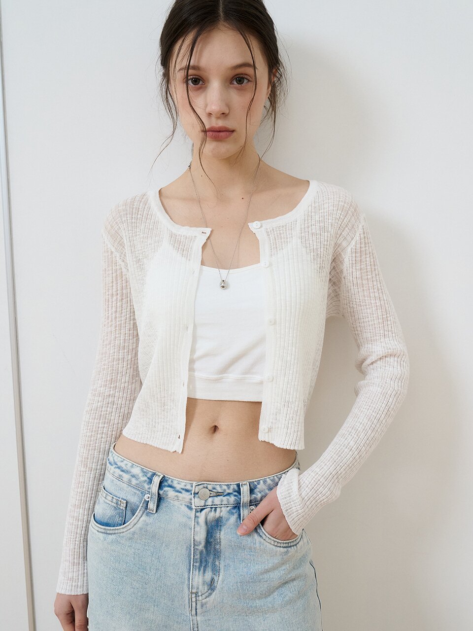 시스루 크롭 가디건 화이트 [T52]