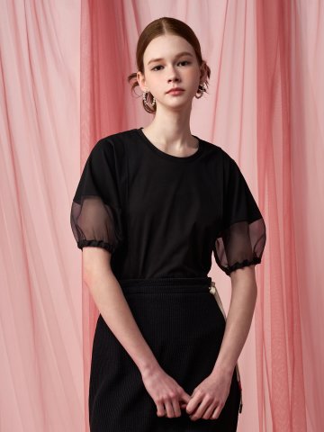 [페리 메라] 오간자 퍼프 소매 티셔츠 (블랙)