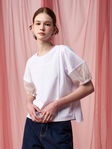 [페리 메라] 오간자 퍼프 소매 티셔츠 (화이트)