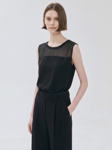 시스루 배색 슬리브리스 블라우스 