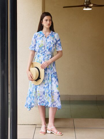 러플 슬리브 플레어 셔츠 원피스 