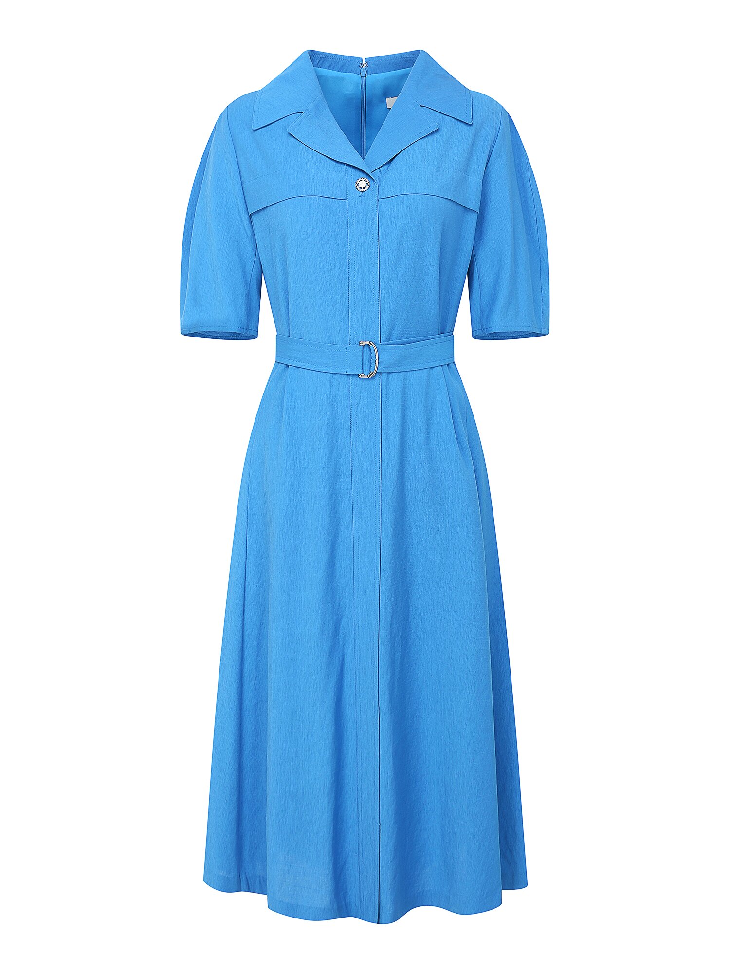 벨티드 오픈 칼라 플레어 원피스 (BLUE)