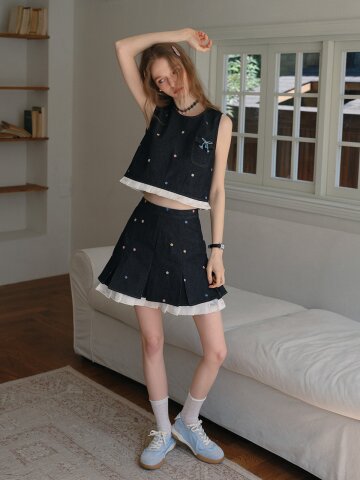 Cest_Flower denim layered skirt