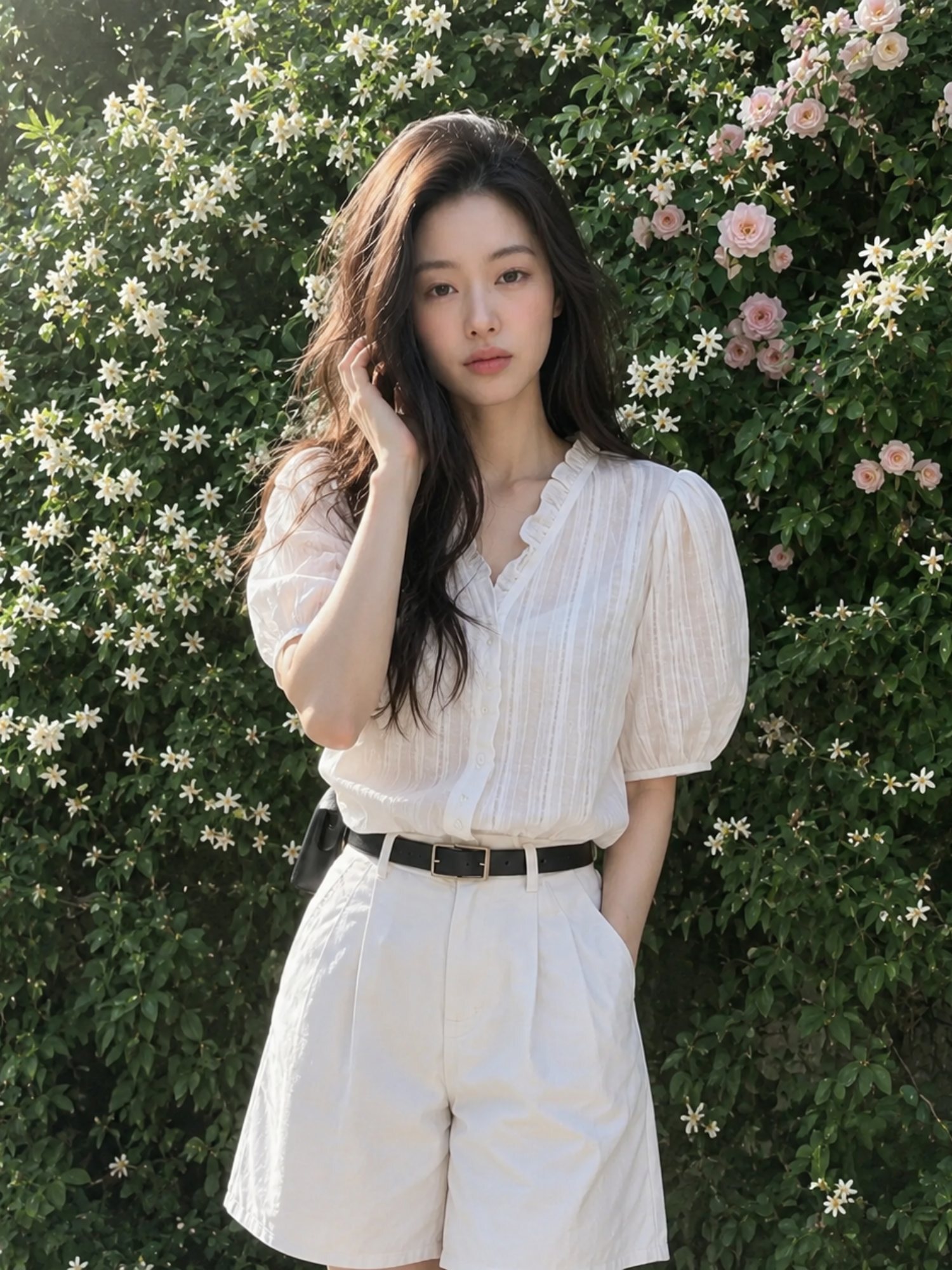 프릴 자가드 브이블라우스