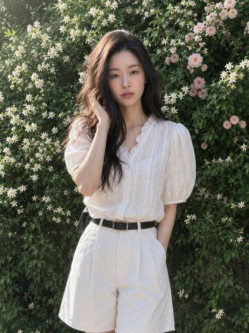 [화이트 7/13 순차출고] 프릴 자가드 브이블라우스