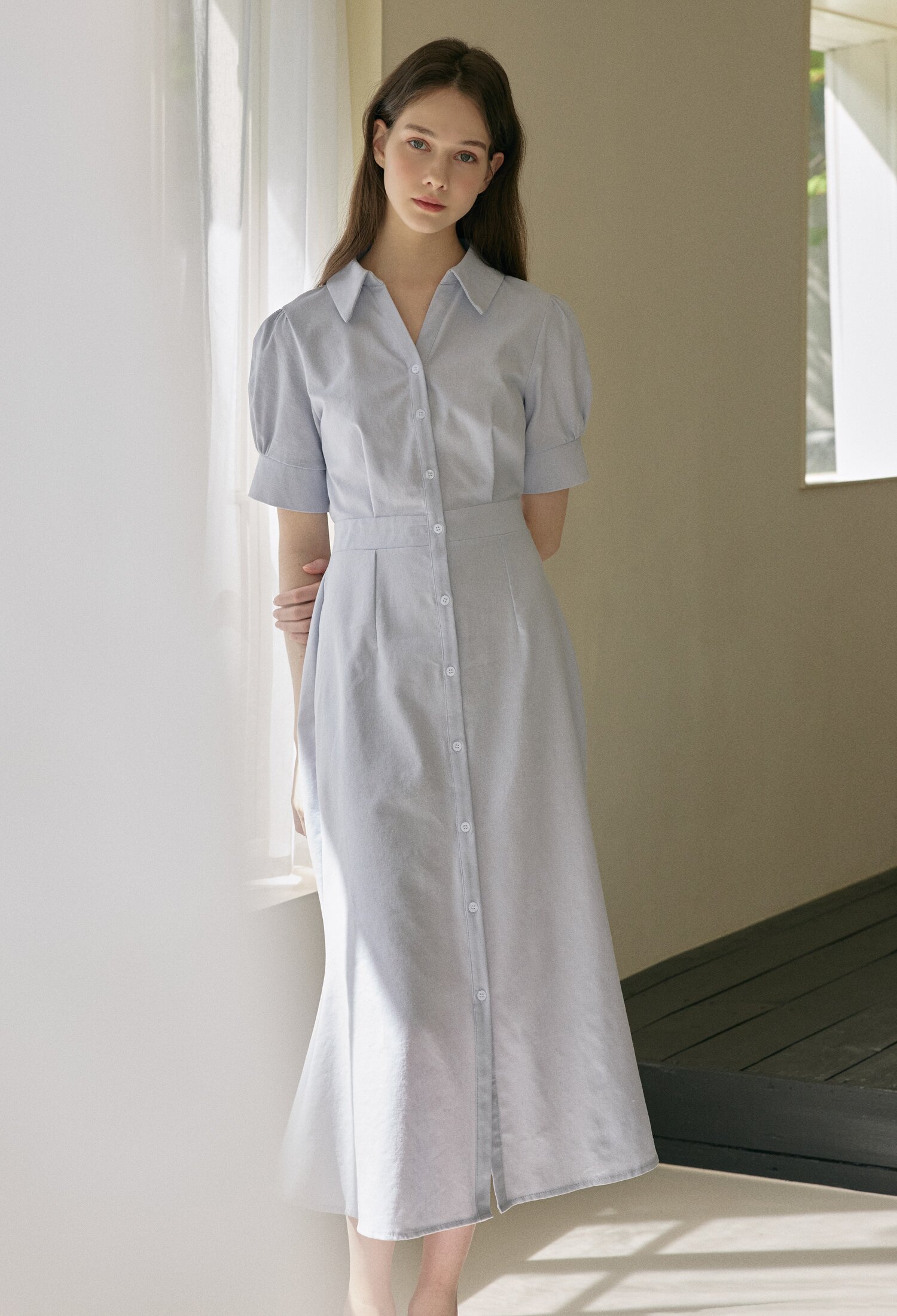 린넨 슬릿 칼라 머메이드 원피스 (BLUE)