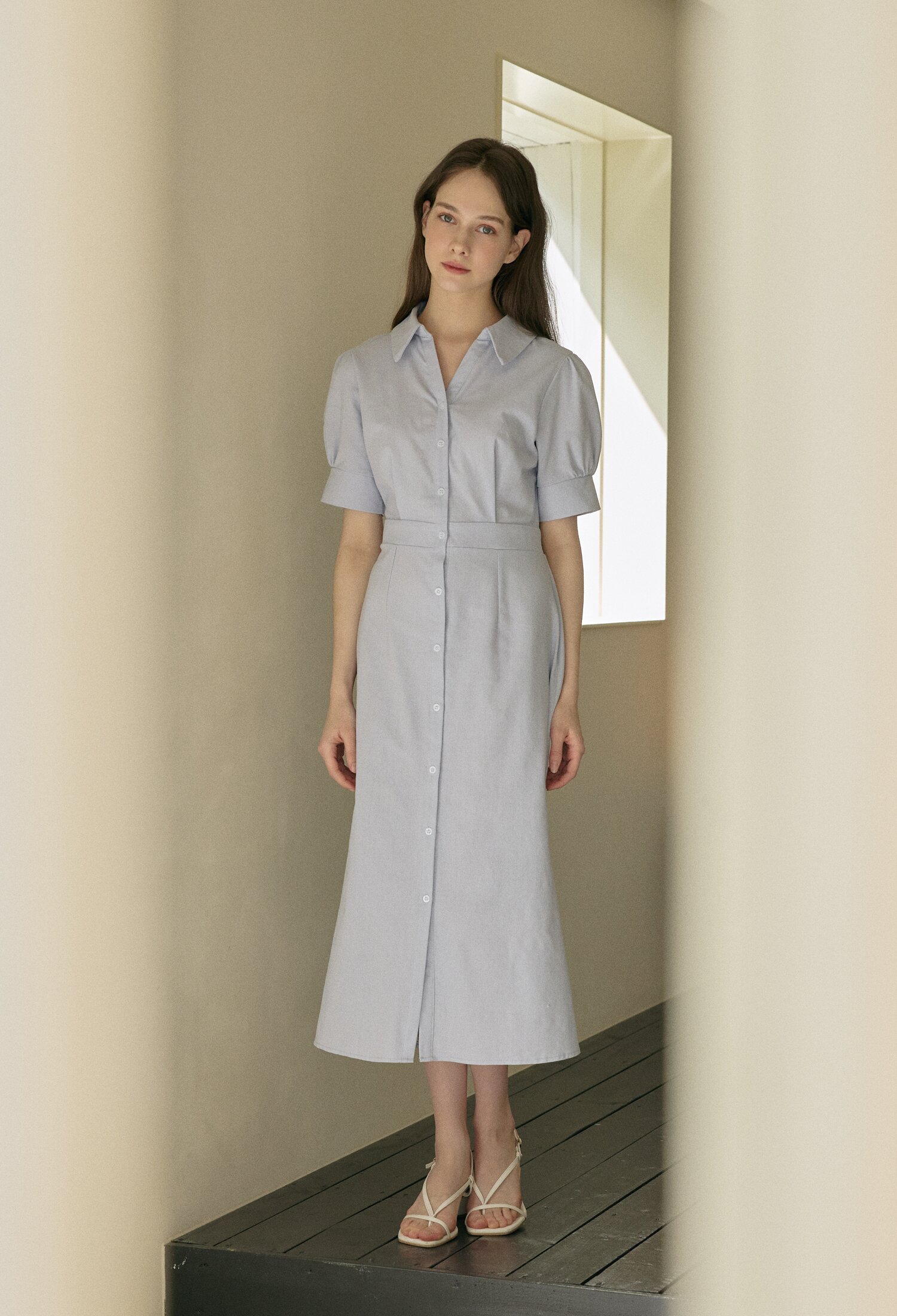 린넨 슬릿 칼라 머메이드 원피스 (BLUE)