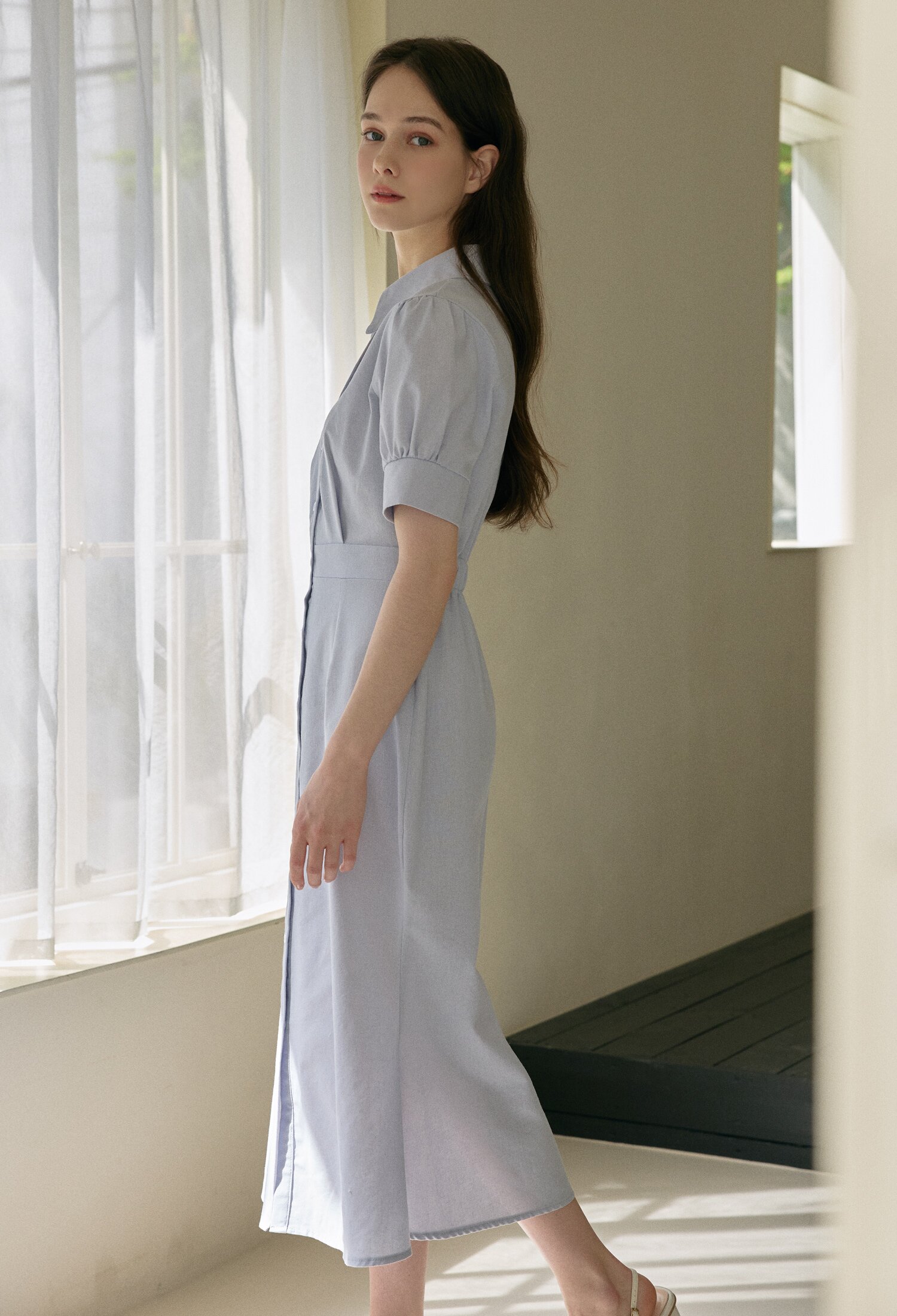 린넨 슬릿 칼라 머메이드 원피스 (BLUE)