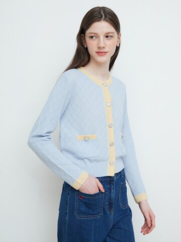 배색 다이아 라운드넥 가디건 