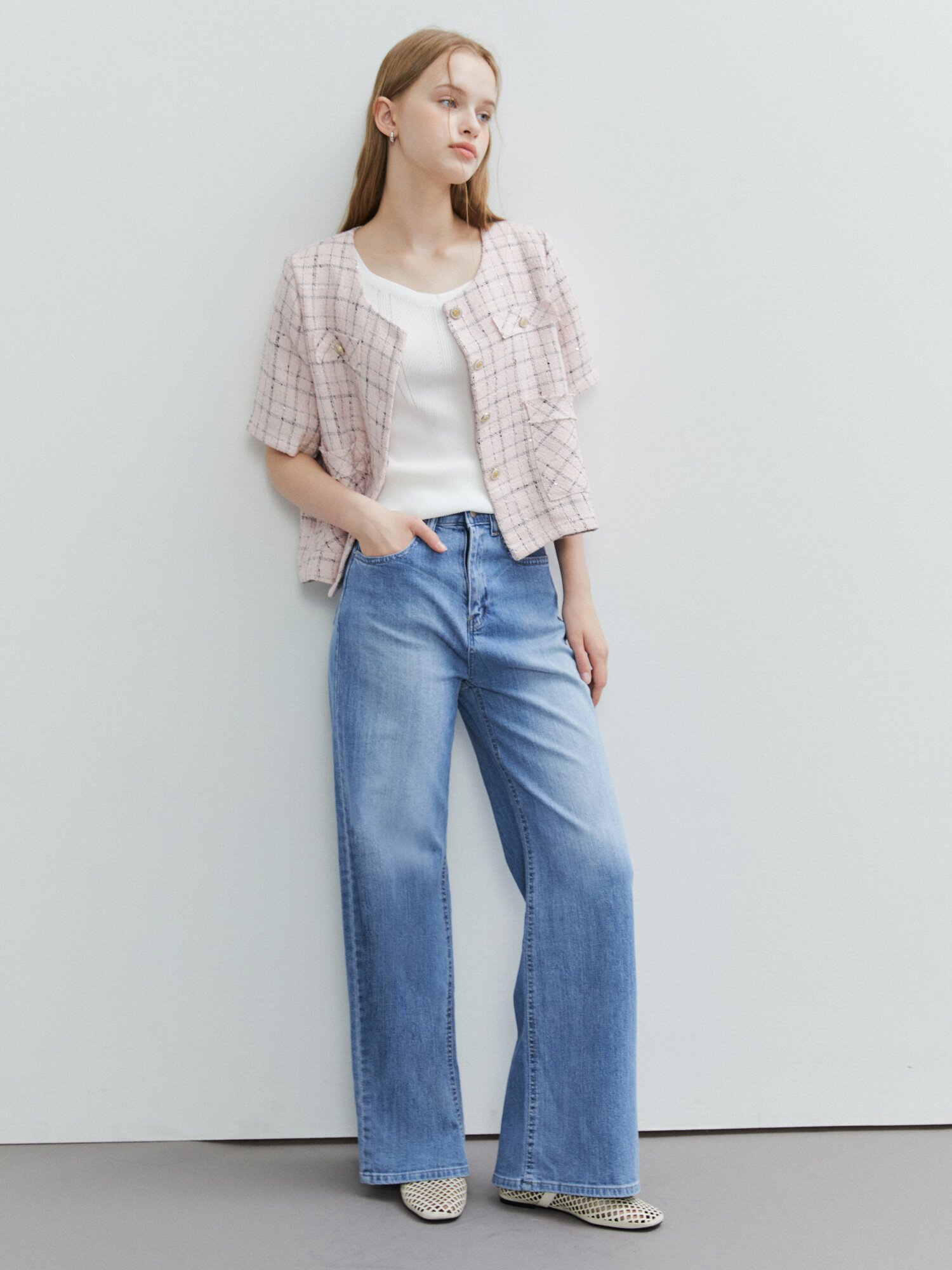 워싱 밴딩 와이드 데님 팬츠 (LIGHT BLUE)