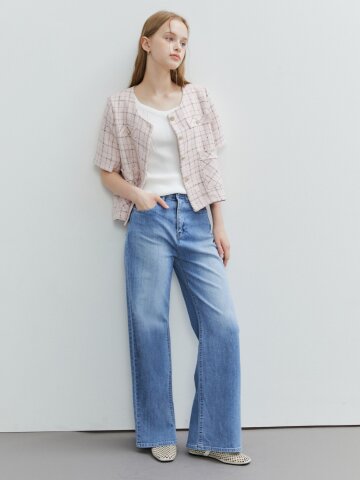 워싱 밴딩 와이드 데님 팬츠 