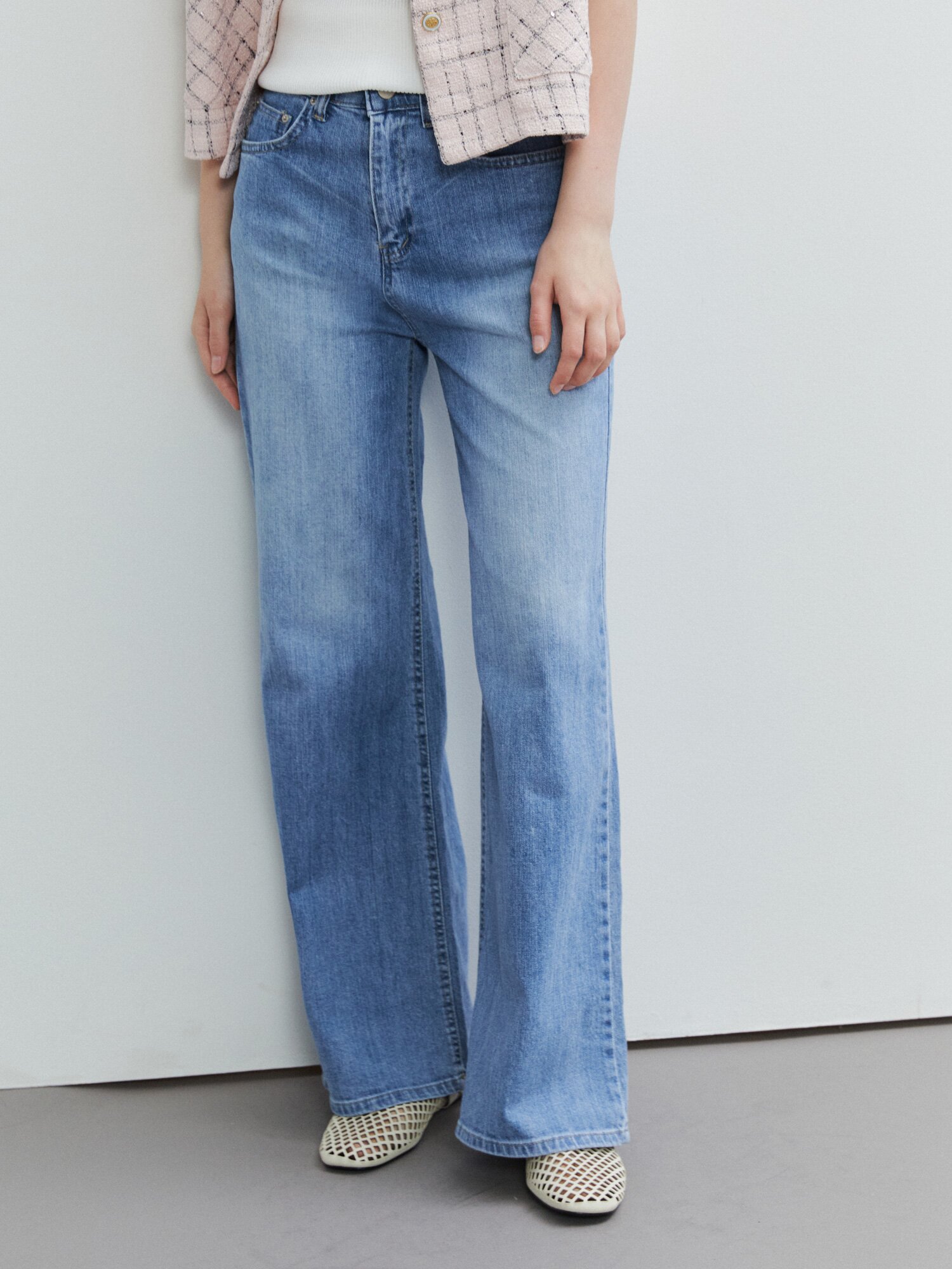 워싱 밴딩 와이드 데님 팬츠 (LIGHT BLUE)