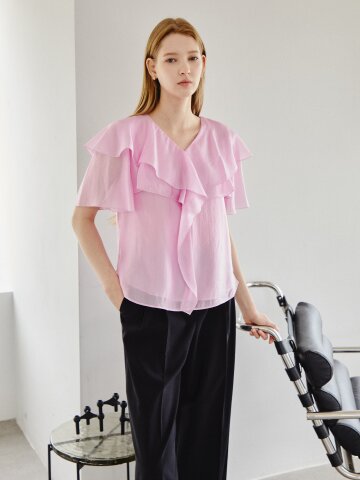 레이어 러플 브이넥 블라우스 
