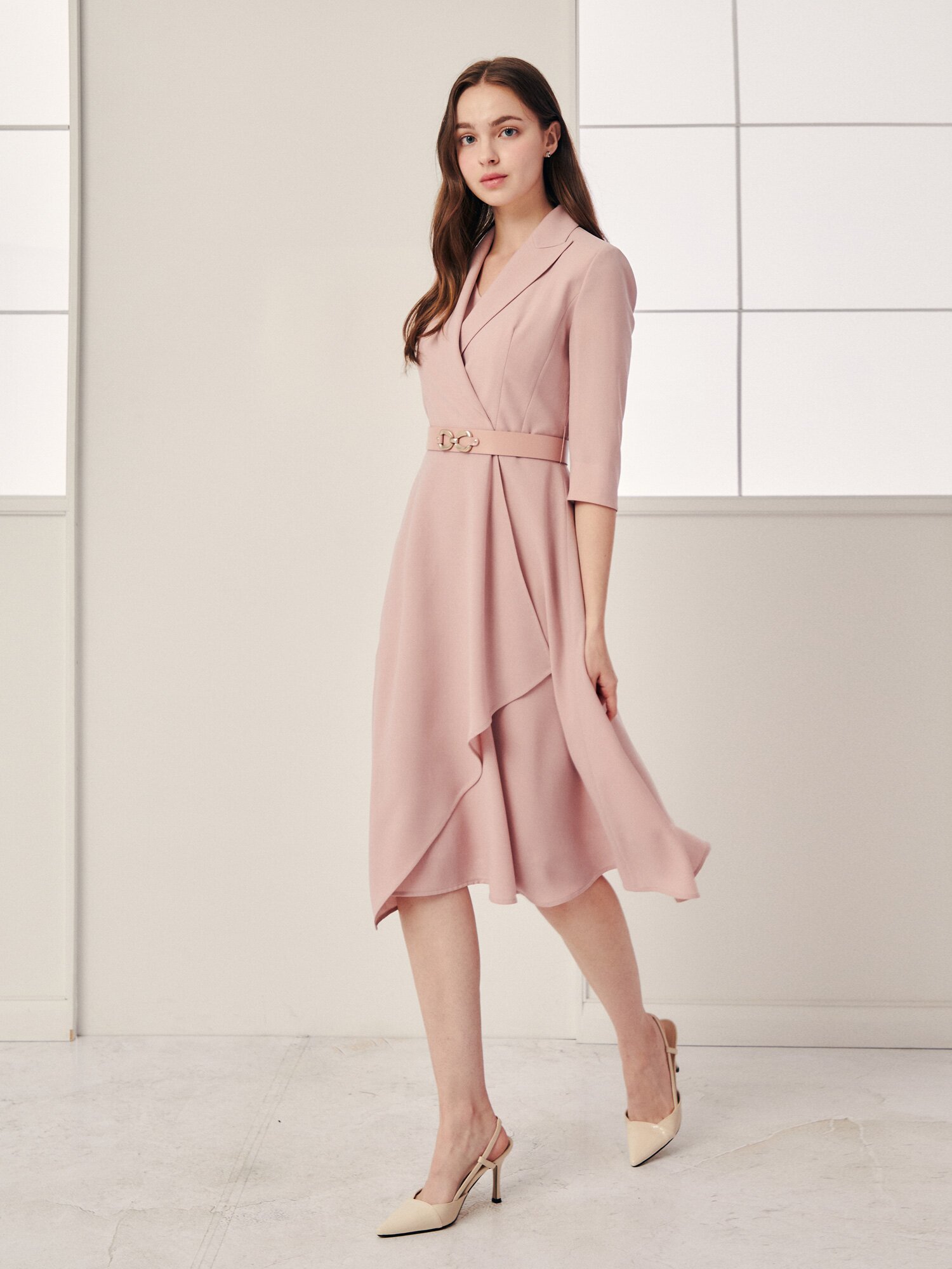 드레이프 피크드 라펠 원피스 (PINK)