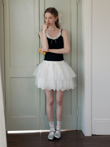 Cest_Puffy embroidery mesh layered skirt