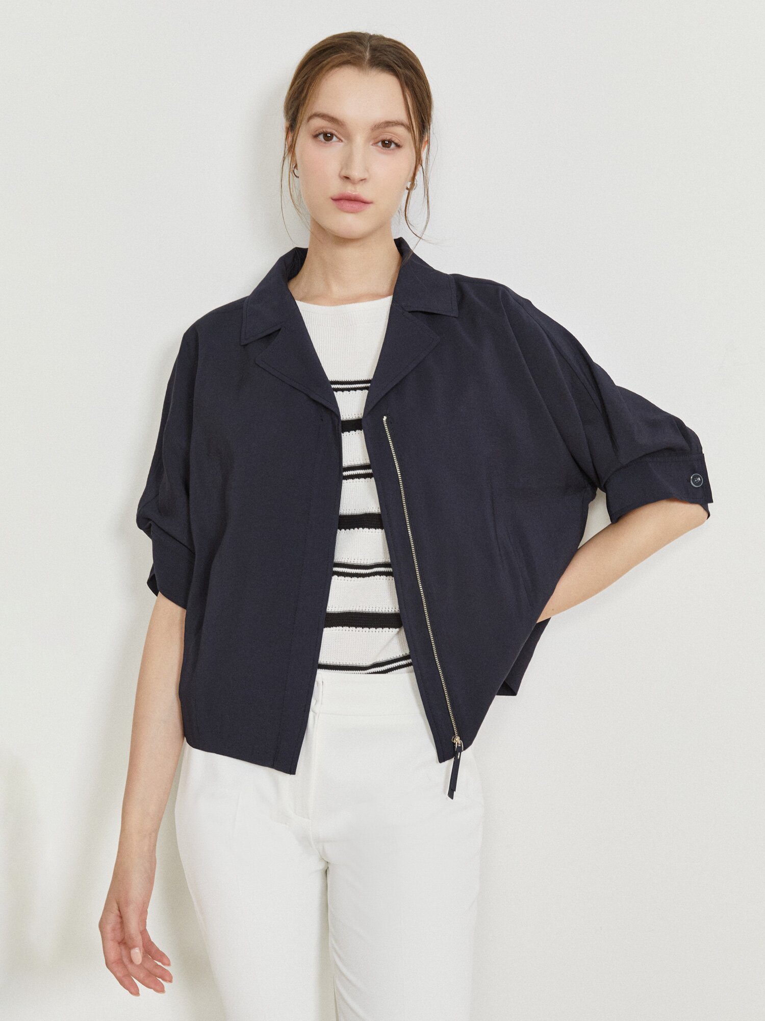 오픈 칼라 집업 셔츠 재킷 (DARK NAVY)