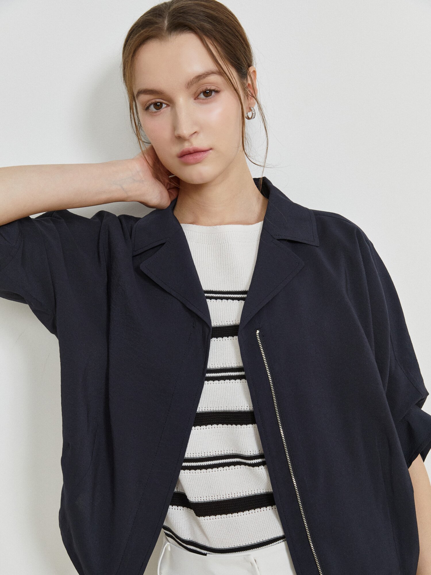 오픈 칼라 집업 셔츠 재킷 (DARK NAVY)