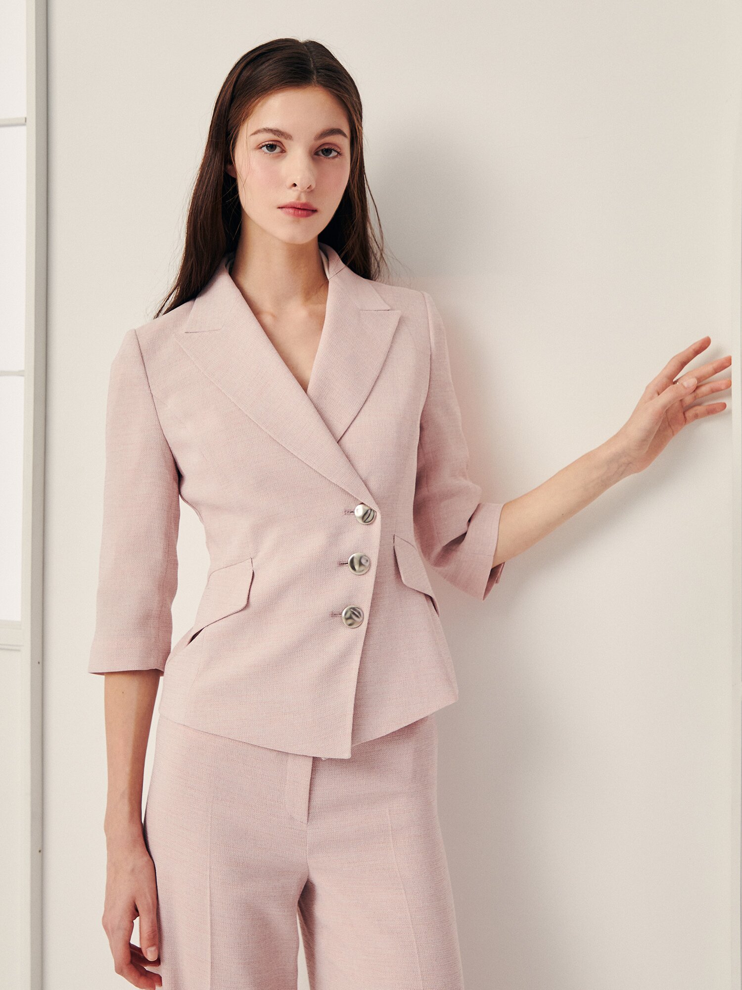 피크드 라펠 사선 버튼 재킷 (MELANGE PINK)