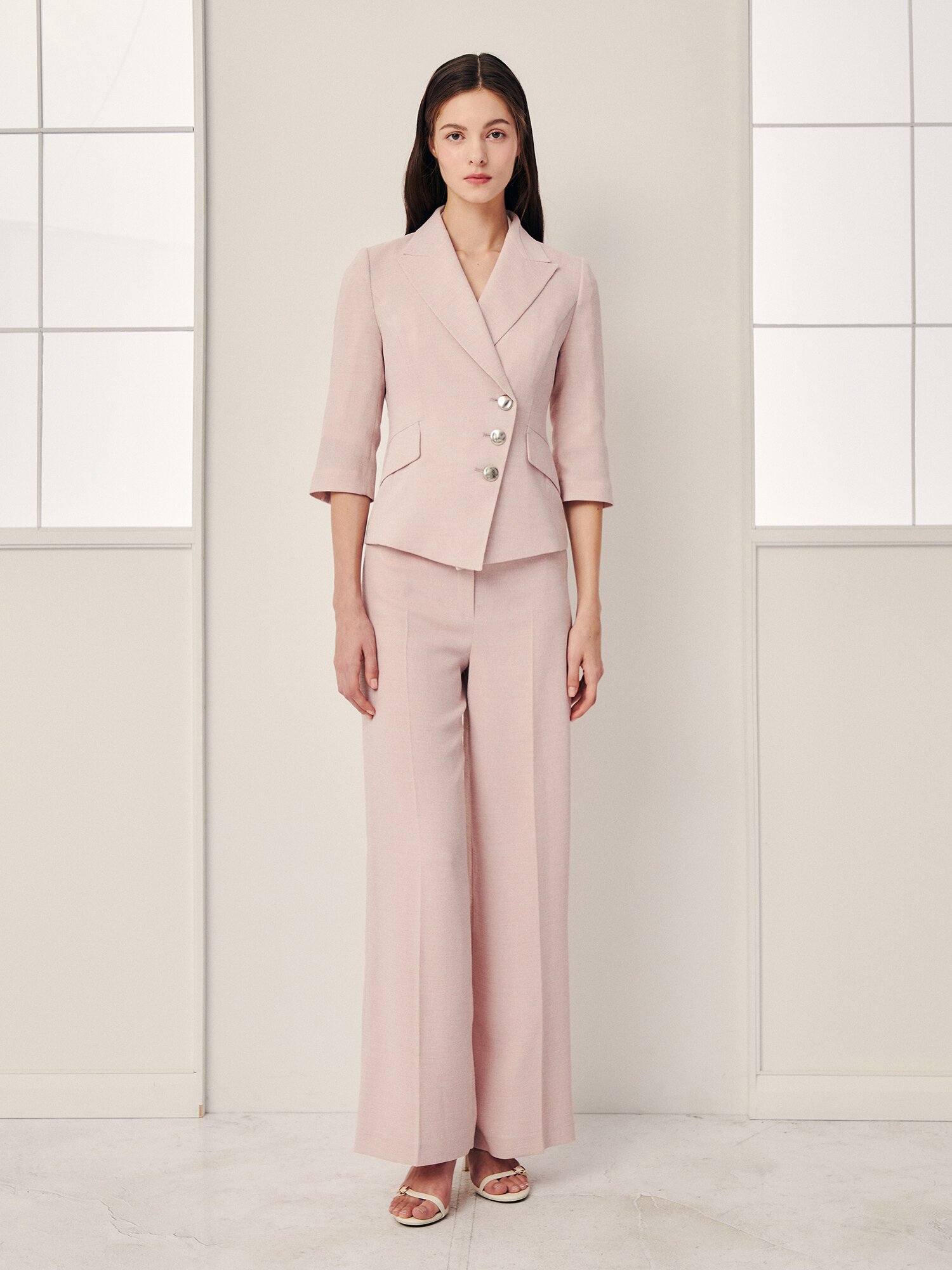 피크드 라펠 사선 버튼 재킷 (MELANGE PINK)