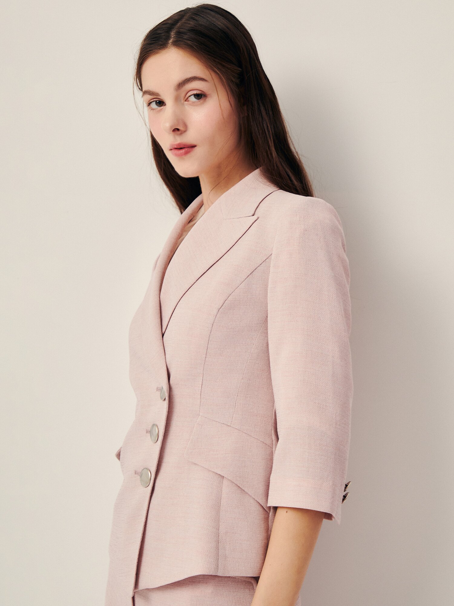 피크드 라펠 사선 버튼 재킷 (MELANGE PINK)