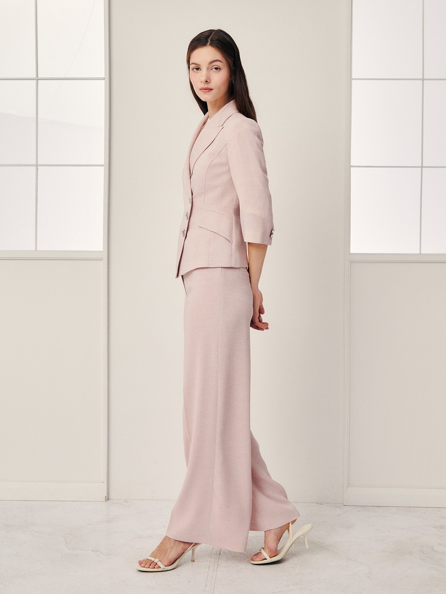 피크드 라펠 사선 버튼 재킷 (MELANGE PINK)