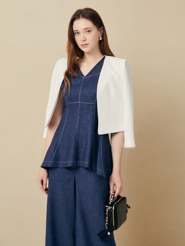 플레어 라인 데님 블라우스 