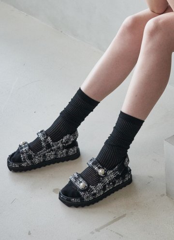EO1003 Luxury tweed velcro sandals_Black & White