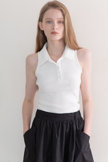 Sleeveless collar crop t-shirt - White
