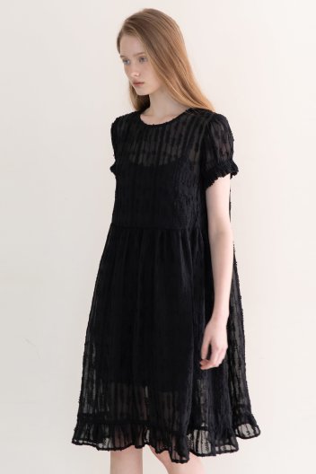 Lace shirring dress - Black