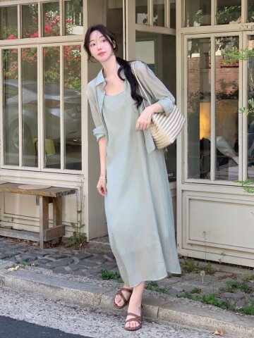 [연우님 Pick] COOLING SHIRT + SLIP DRESS SET LIGHT KHAKI