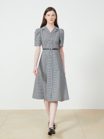 버튼 퍼프 슬리브 플레어 원피스 