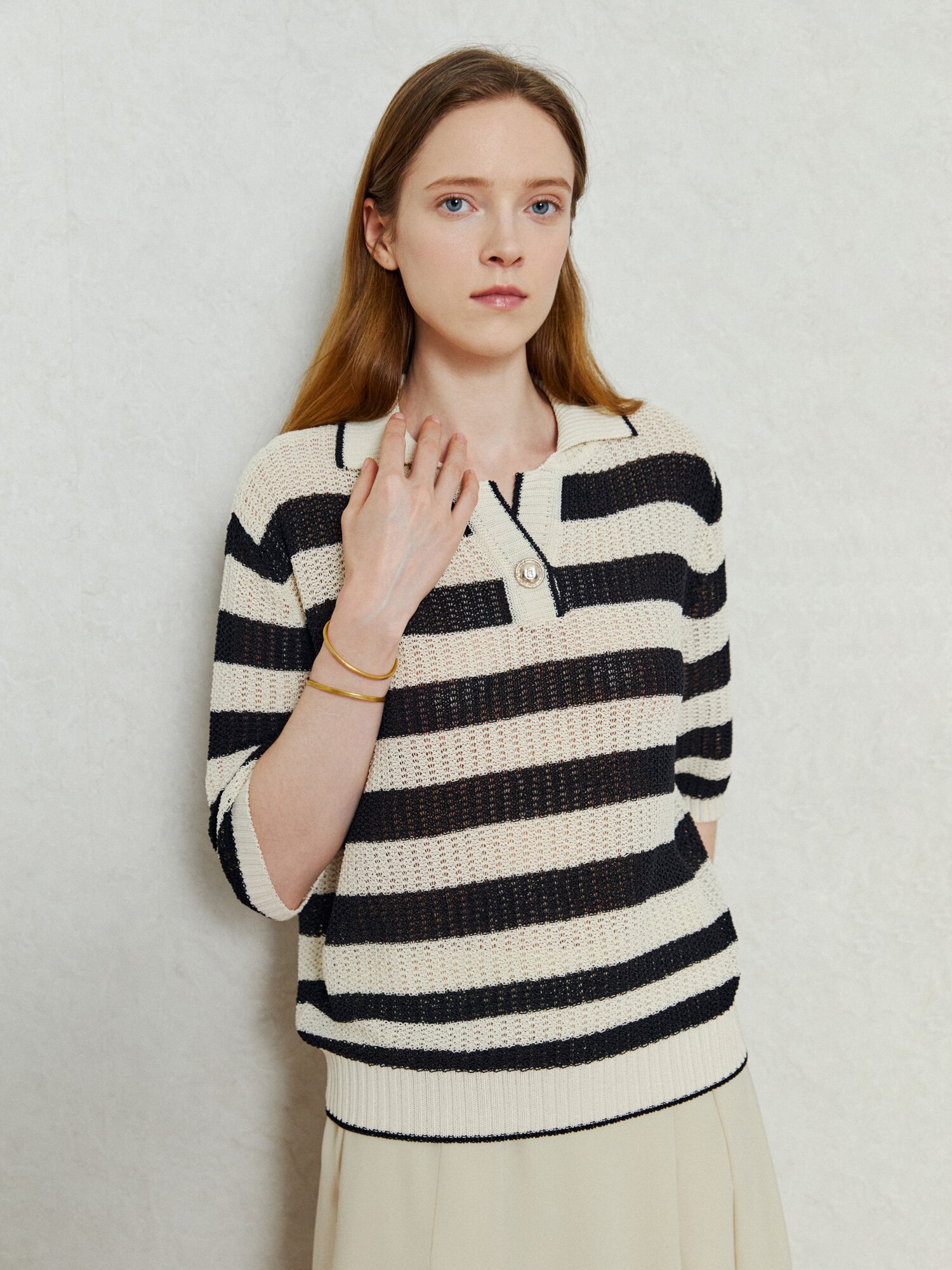 클레어 오픈넥 카라 니트 (STRIPE IVORY)