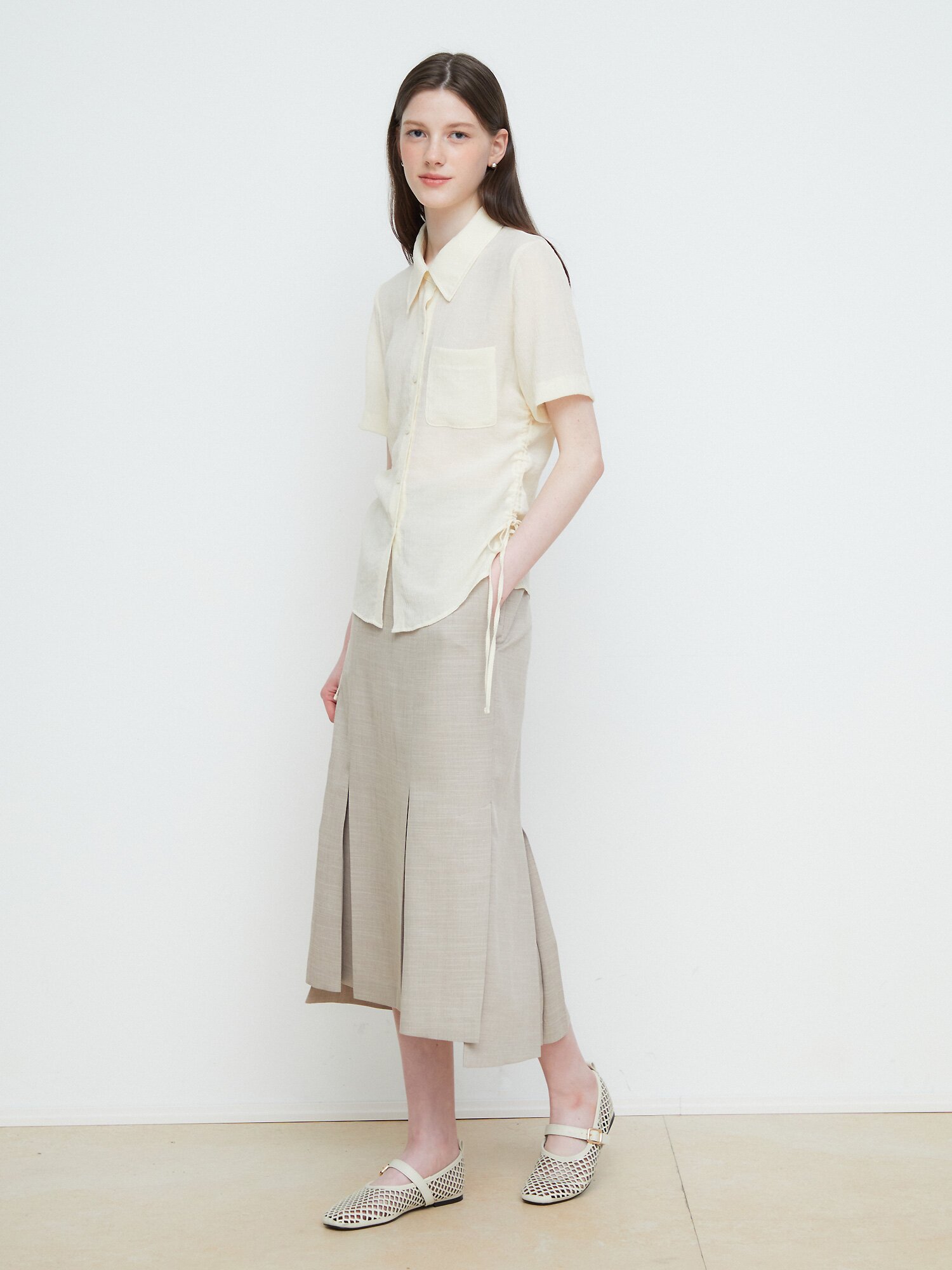 시스루 사이드 셔링 블라우스 (YELLOW)