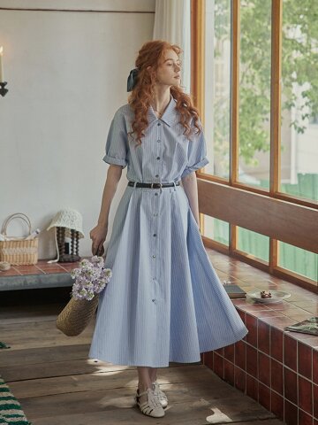 PM_Half banding striped shirt dress
