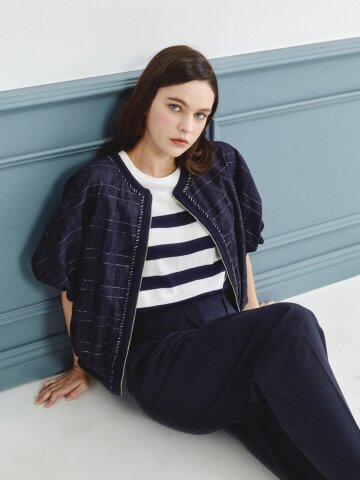 글리터 체크 볼륨 슬리브 점퍼 