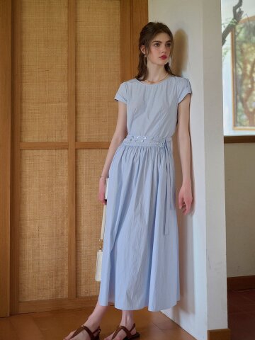 SR_Waist tie simple short sleeve dress