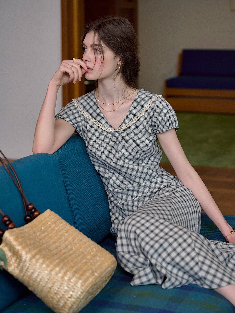 SR_Lace navy collar checked dress