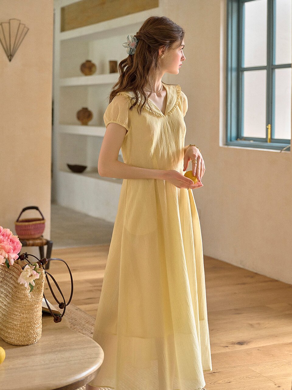SR_Tulle lapel puff sleeve dress