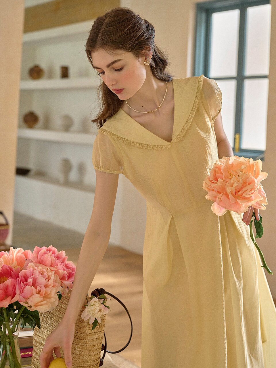 SR_Tulle lapel puff sleeve dress