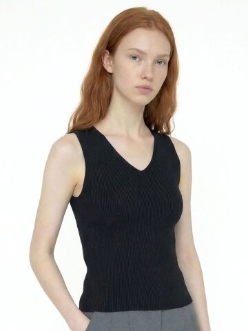 Two-Way Ribbed V-Neck Knit Tank_S M_Ivory Beige Black