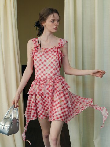 Cest_Flower plaid frill sleeveless dress