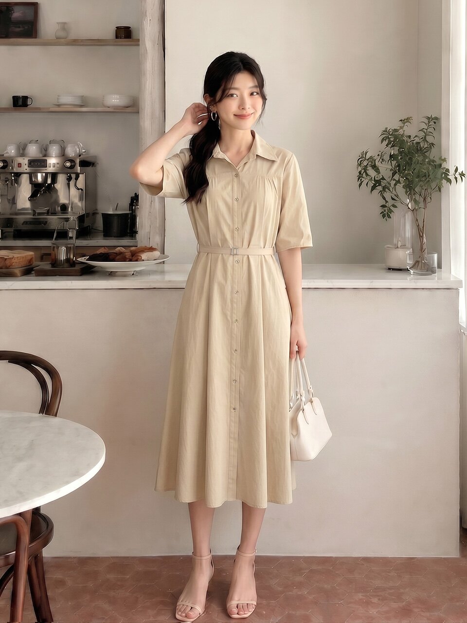 셔링 핀턱 플레어 셔츠 원피스 (BEIGE)