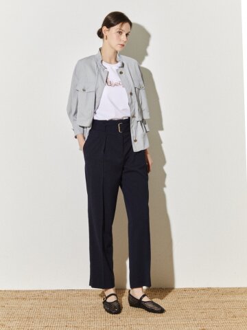 하이웨이스트 벨티드 테이퍼드 팬츠 