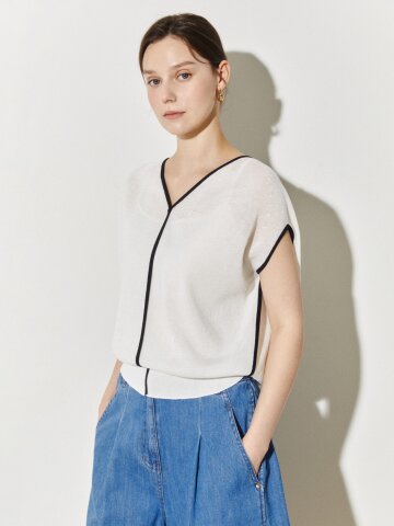 소프트 브이라인 배색 니트탑 